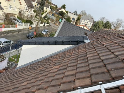 Toiture en tuiles avec vue sur des maisons et un ciel gris.